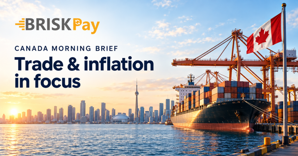 Brisk Pay Canada morning brief illustration: Canadian flag, cargo ship and city skyline with the words Trade & inflation in focus.
