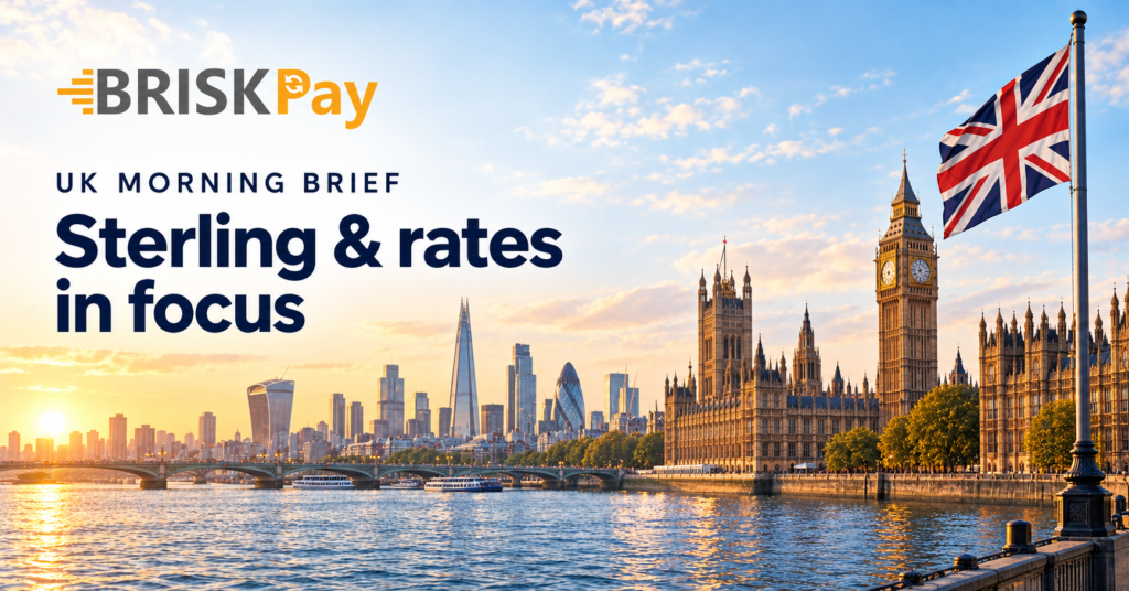 Brisk Pay UK morning brief illustration: London skyline and Union Jack with the words Sterling & rates in focus.